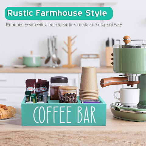 ALELION teal wooden coffee bar decor adds rustic charm to kitchen or cafe.