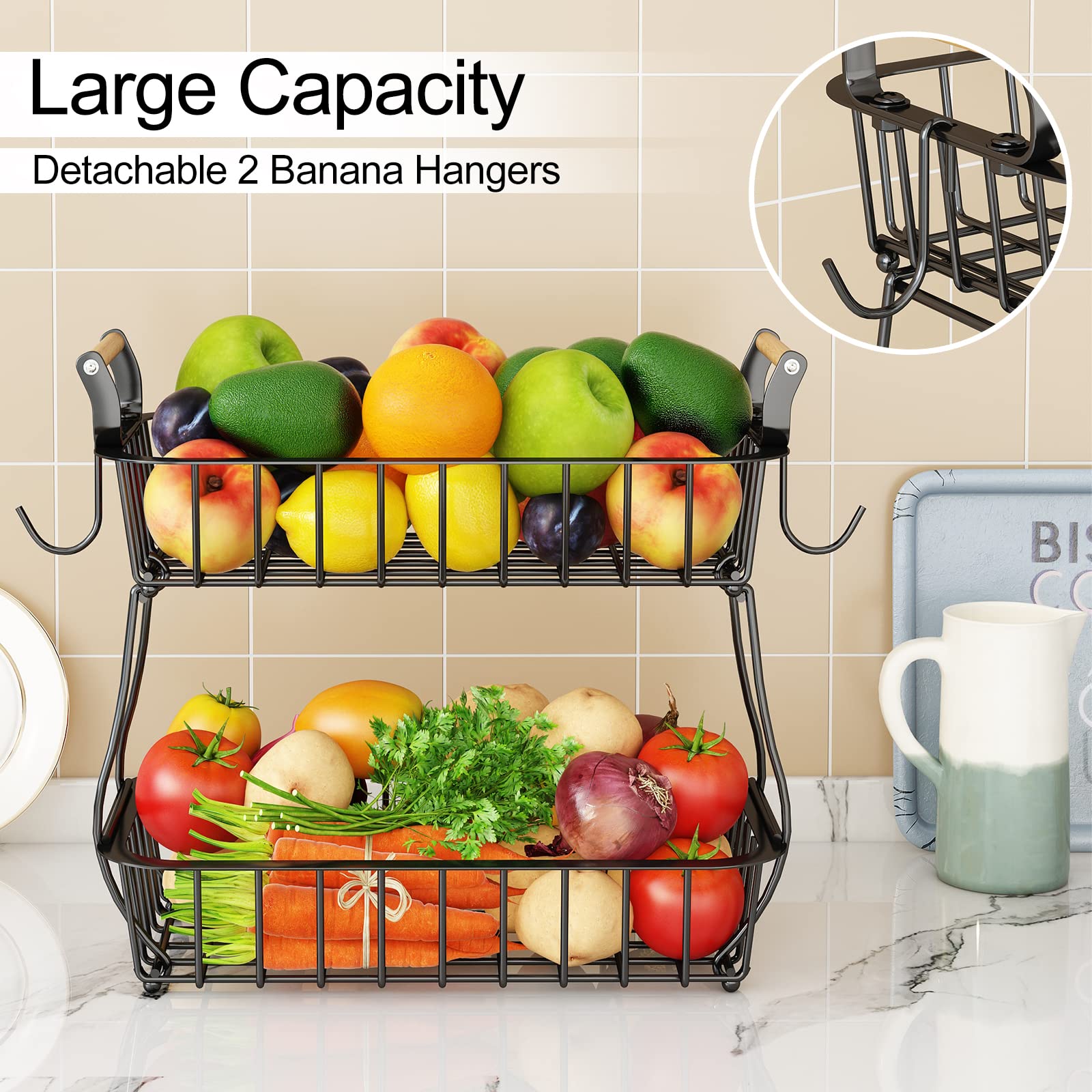Alebew countertop storage basket showcases organized fruit and veggies on the kitchen counter.