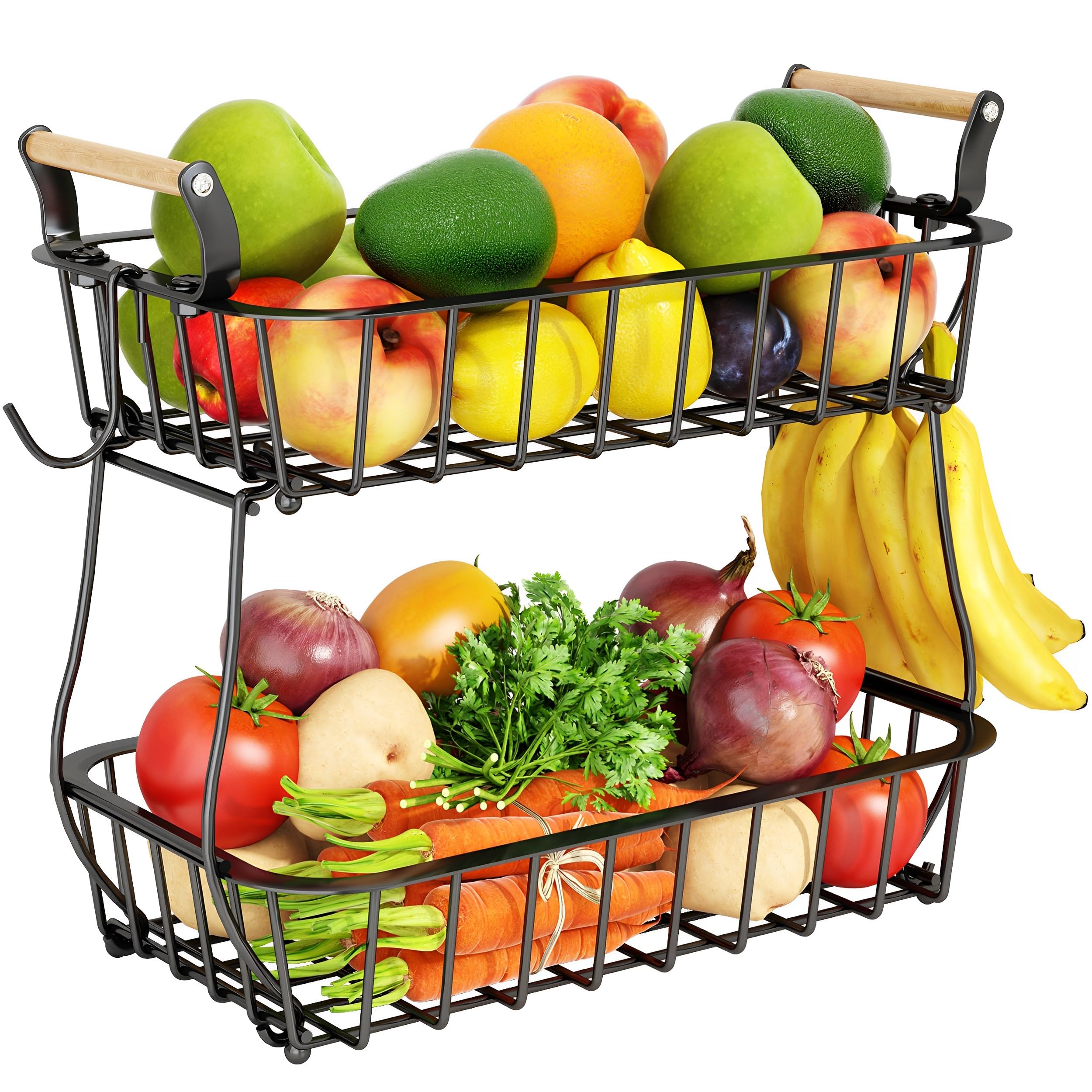 Alebew two-tier fruit basket with banana hangers keeps fruit organized and accessible.