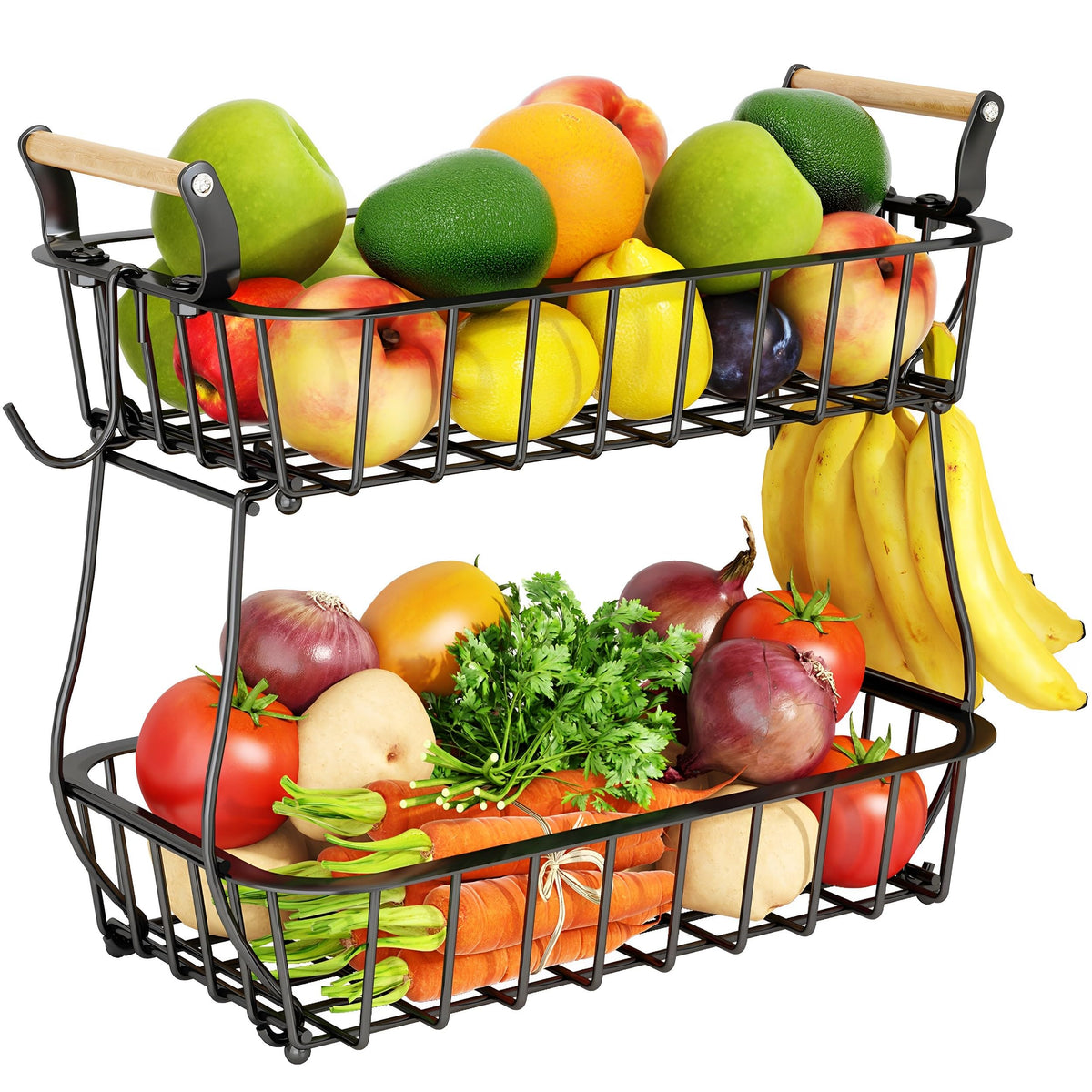 Alebew two-tier fruit basket with banana hangers keeps fruit organized and accessible.