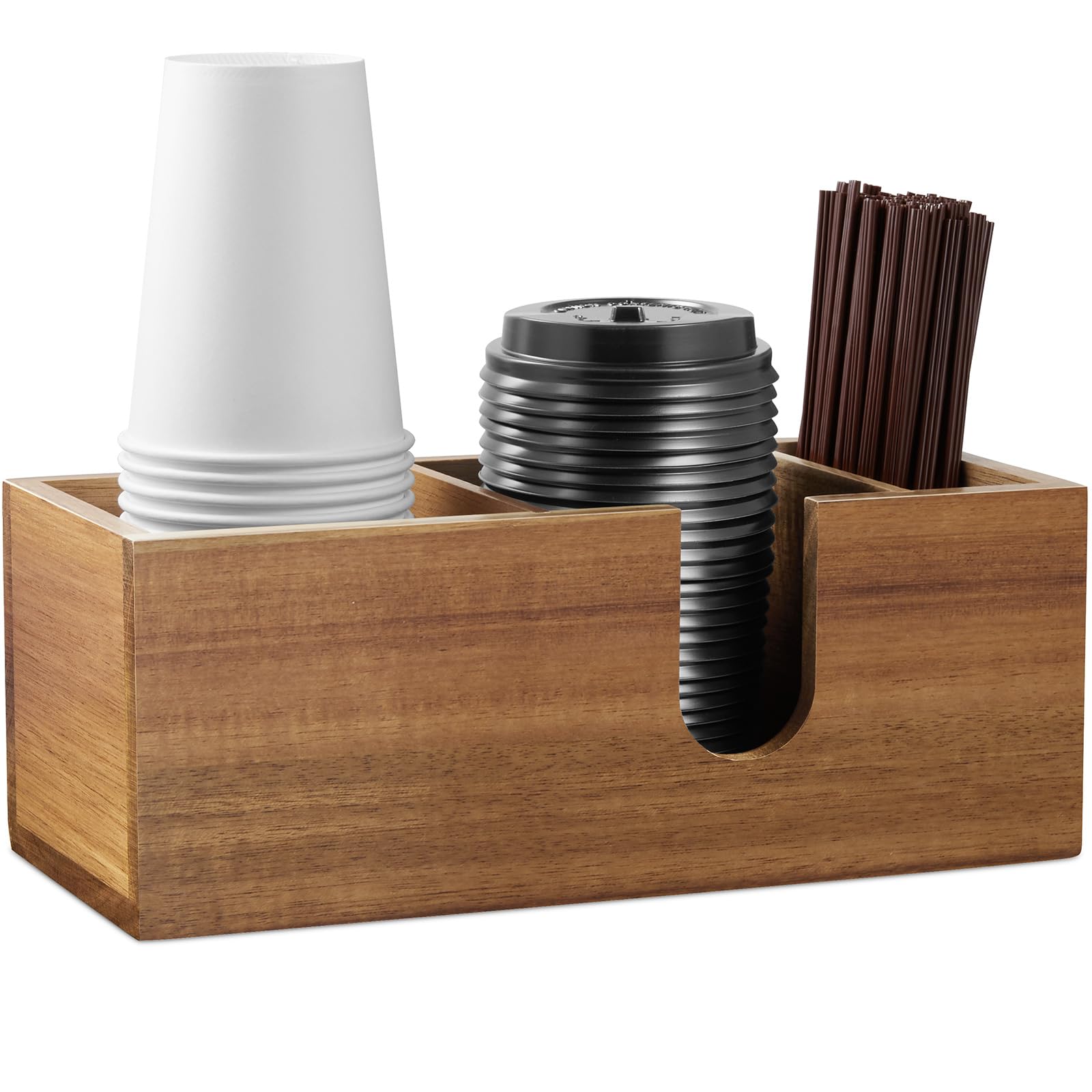 ALELION Acacia wood coffee cup holder on countertop keeps cups organized and ready for quick drinks.