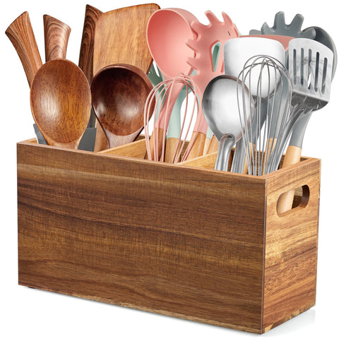 ALELION acacia wood utensil holder on the counter keeps spatulas and spoons within easy reach.