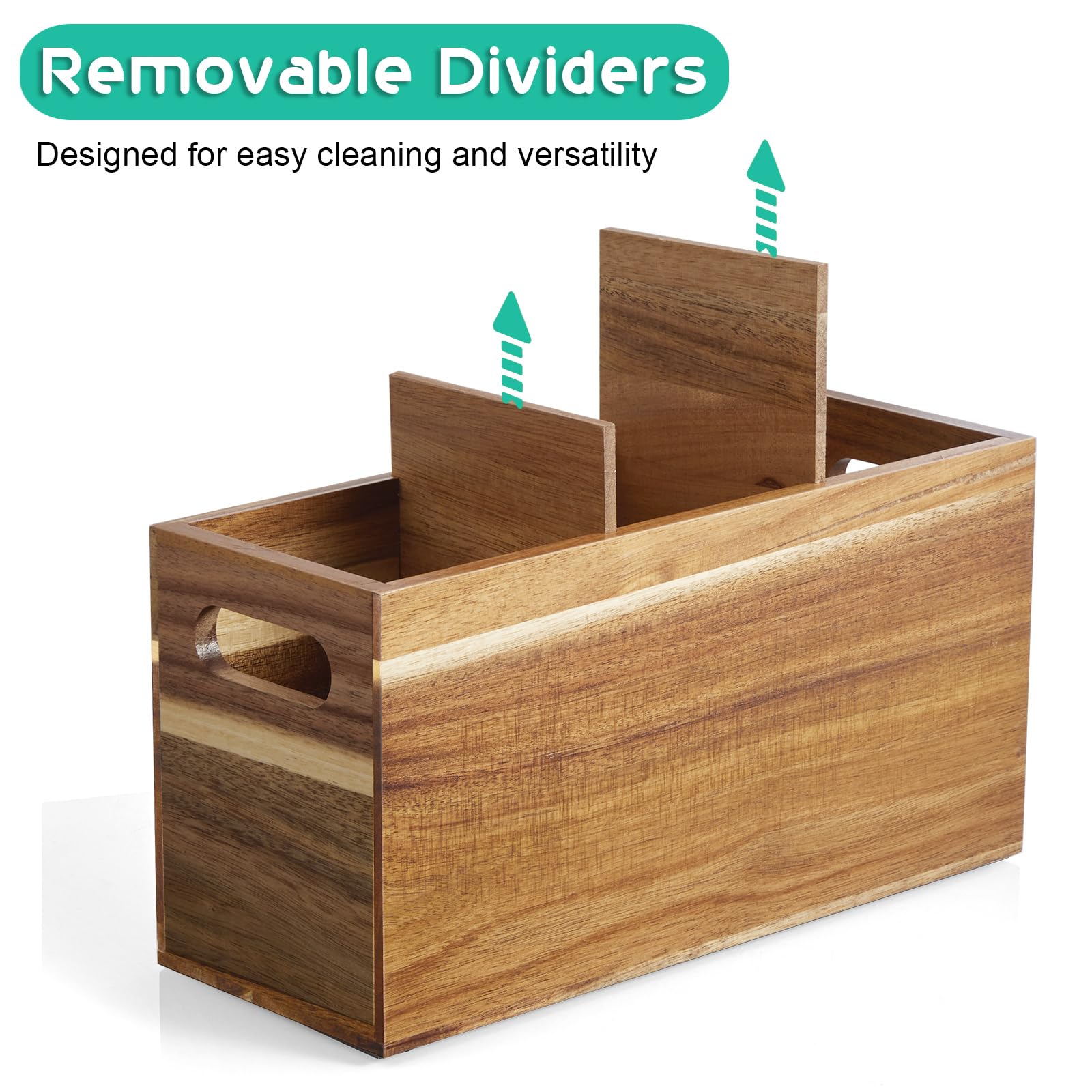 ALELION acacia wood utensil organizer with removable divider for flexible spacing.