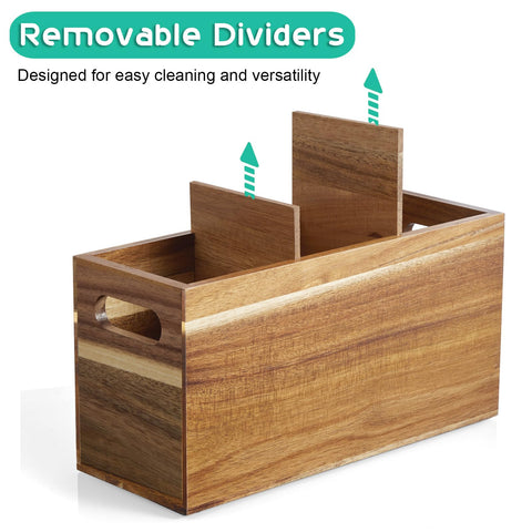 ALELION acacia wood utensil organizer with removable divider for flexible spacing.