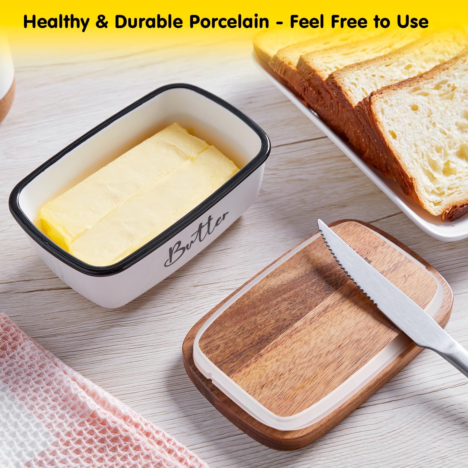 ALELION butter dish close-up reveals natural acacia wood grain.