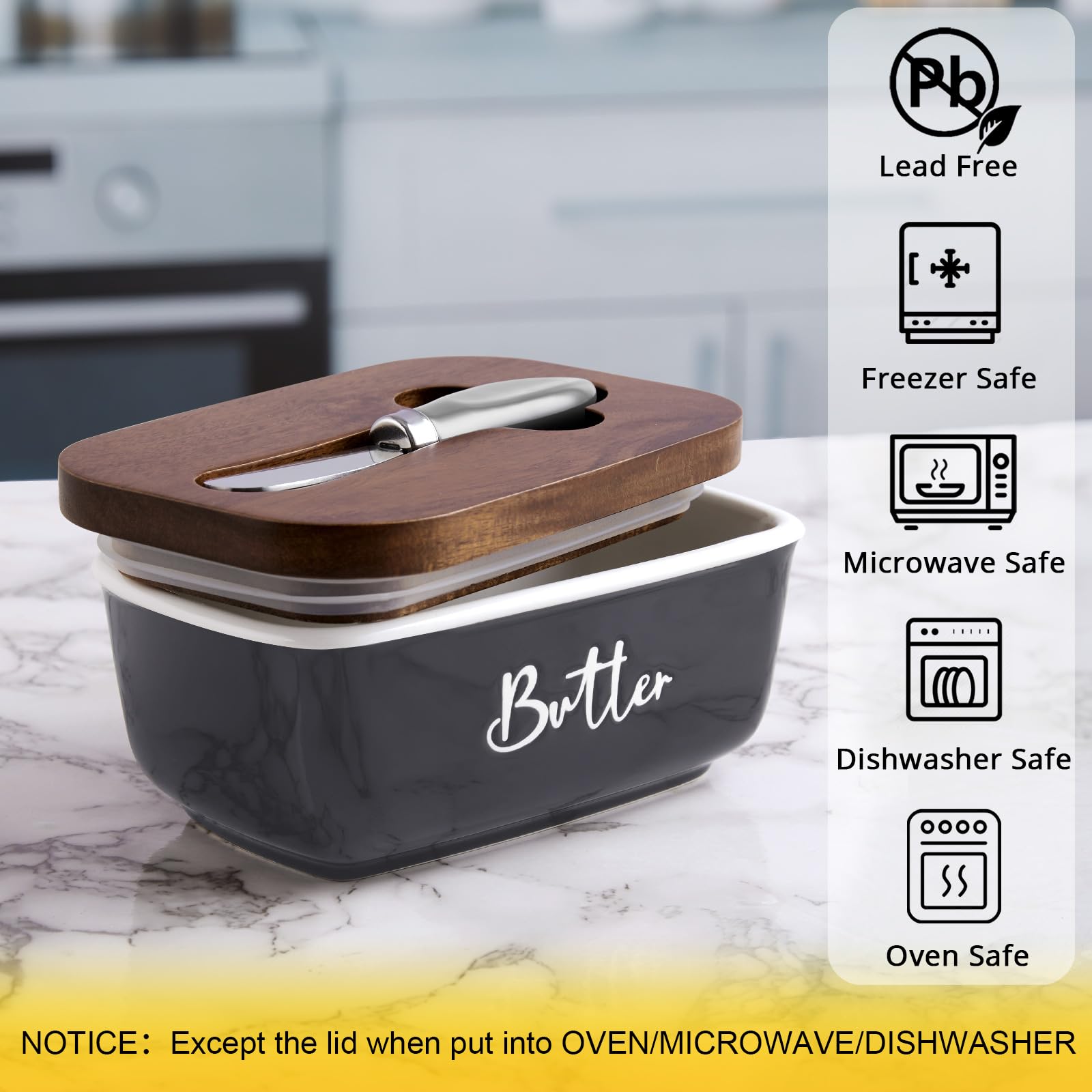 ALELION ceramic butter dish close-up of lid with silicone seal preserves freshness.