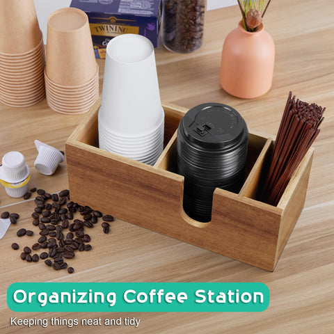 ALELION Acacia wood coffee bar organizer with lid storage keeps lids neatly within reach.