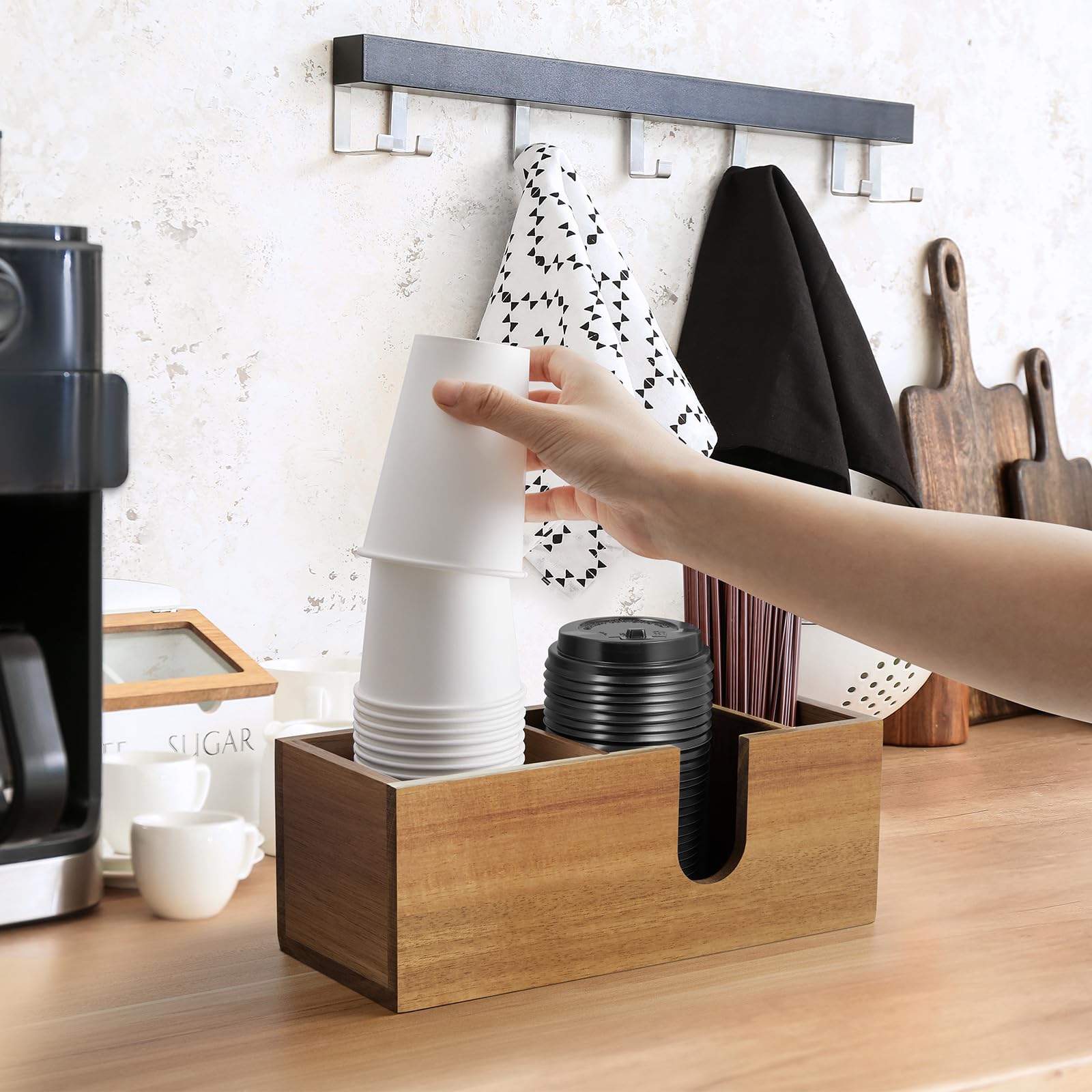 ALELION Coffee station organizer in wood enhances kitchen decor while saving counter space.