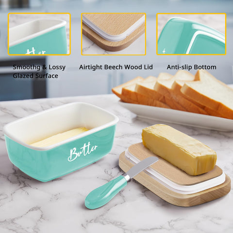 ALELION turquoise butter dish on rustic counter complements decor.