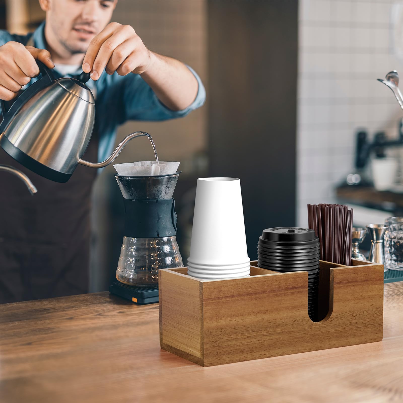 ALELION Durable acacia wood design adds long-lasting style to any coffee bar.