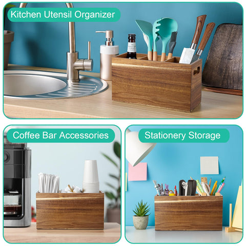 ALELION durable wood utensil organizer in natural finish blends with farmhouse decor.