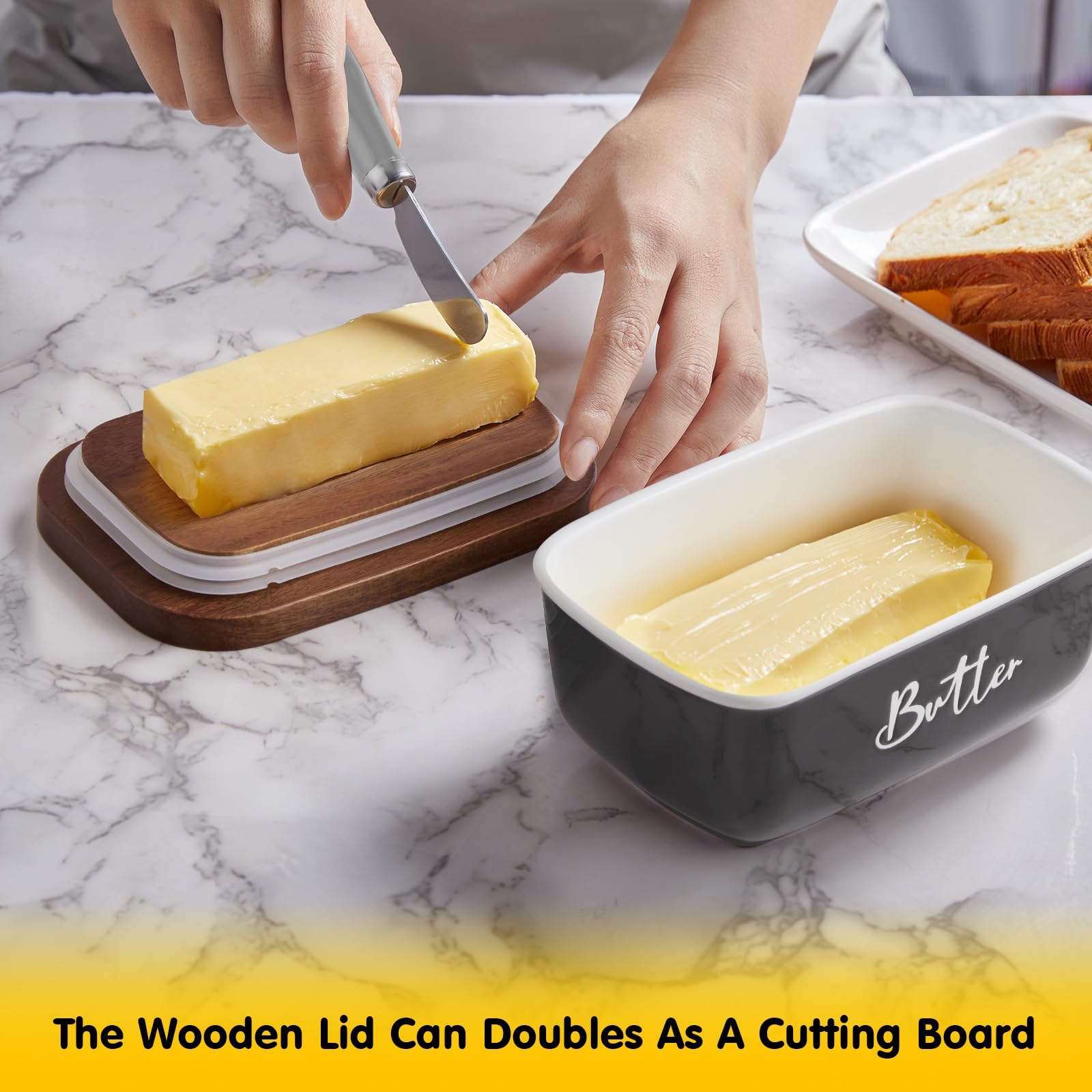 ALELION butter dish on counter keeps butter accessible for cooking.