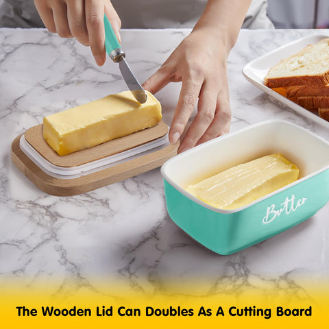 ALELION turquoise butter dish on display enhances kitchen ambience.