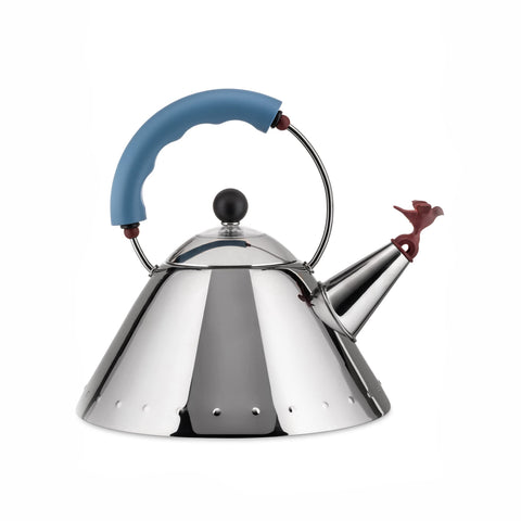 Alessi 9093 bird whistle kettle on polished stainless steel signals boiling with charm.