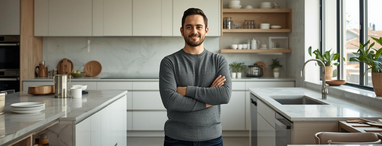 CEO of CanadianKitchenStore in a modern kitchen environment, representing leadership, quality standards, and a wide range of kitchen and home products for Canadian households
