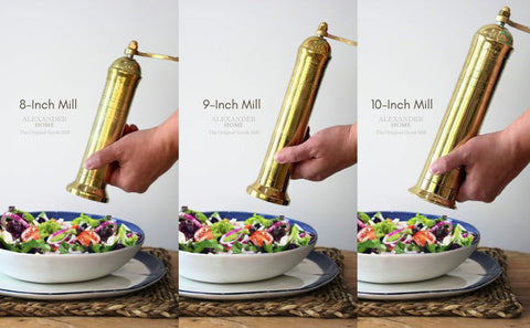 Alexander Home Greek Salt Mill dimensions around nine inches tall on countertop.