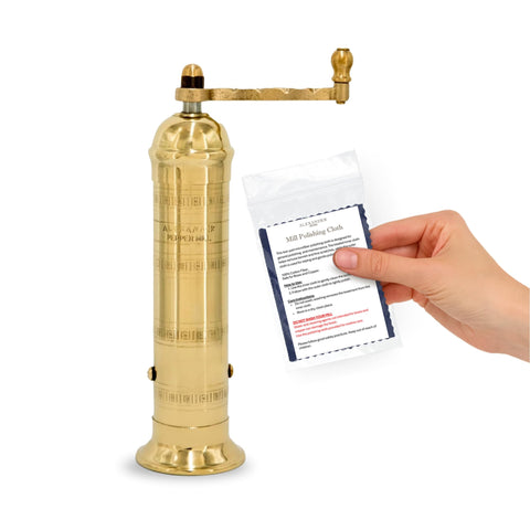 Alexander Home original Greek pepper mill in brass, 8-inch height with sturdy construction.
