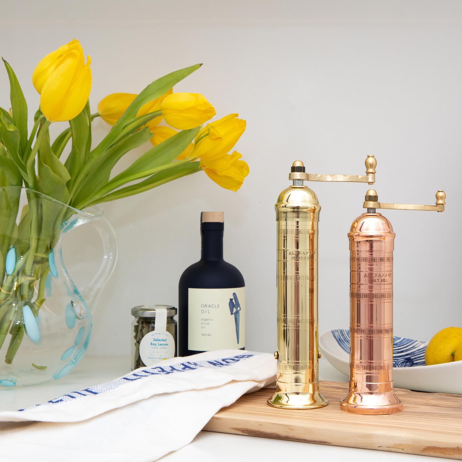 Alexander Home pepper mill brass finish aging into a natural patina over time.