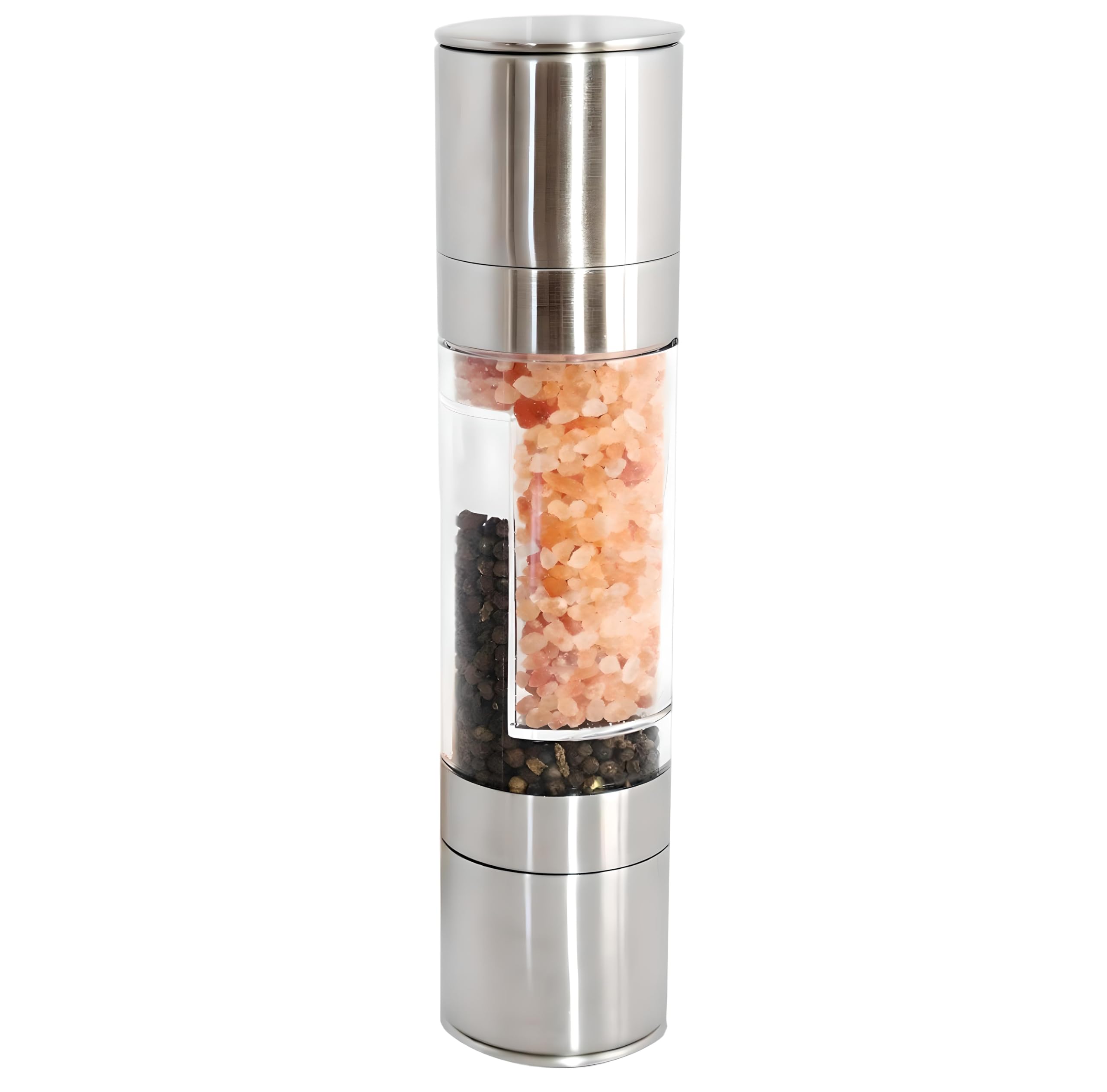 Alfa Torque all-in-one salt and pepper grinder set in stainless steel for table-ready seasoning.