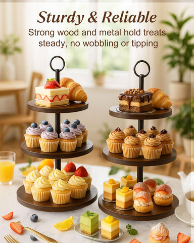 Alffun wooden tier trays maximize space for appetizers and desserts.