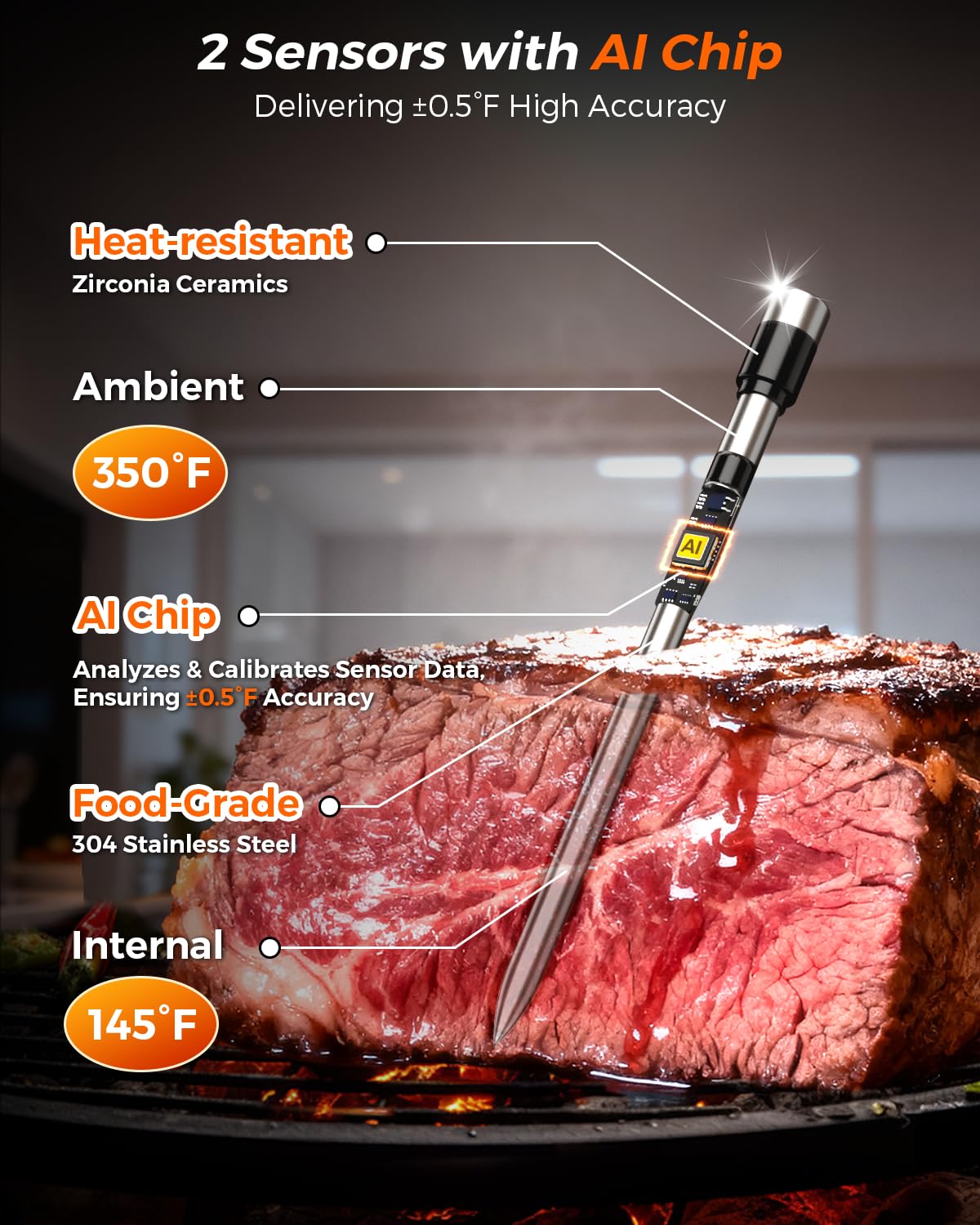 Alfolive AI wireless meat thermometer dual probes base enables simultaneous internal and ambient tracking