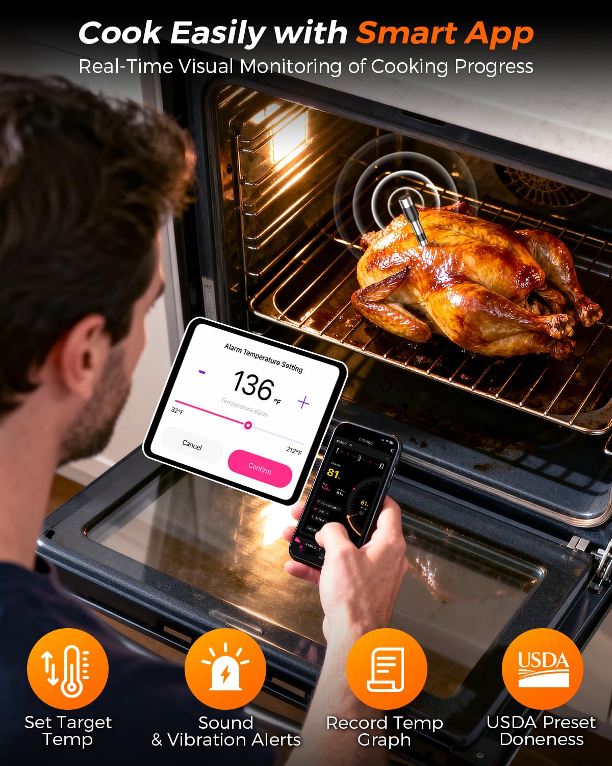Alfolive AI wireless meat thermometer probe in food demonstrates high-accuracy sensing for even results