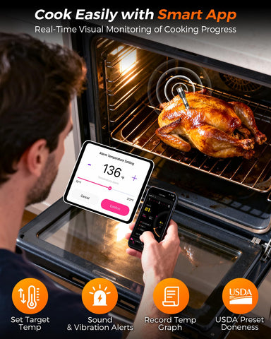 Alfolive AI wireless meat thermometer probe in food demonstrates high-accuracy sensing for even results