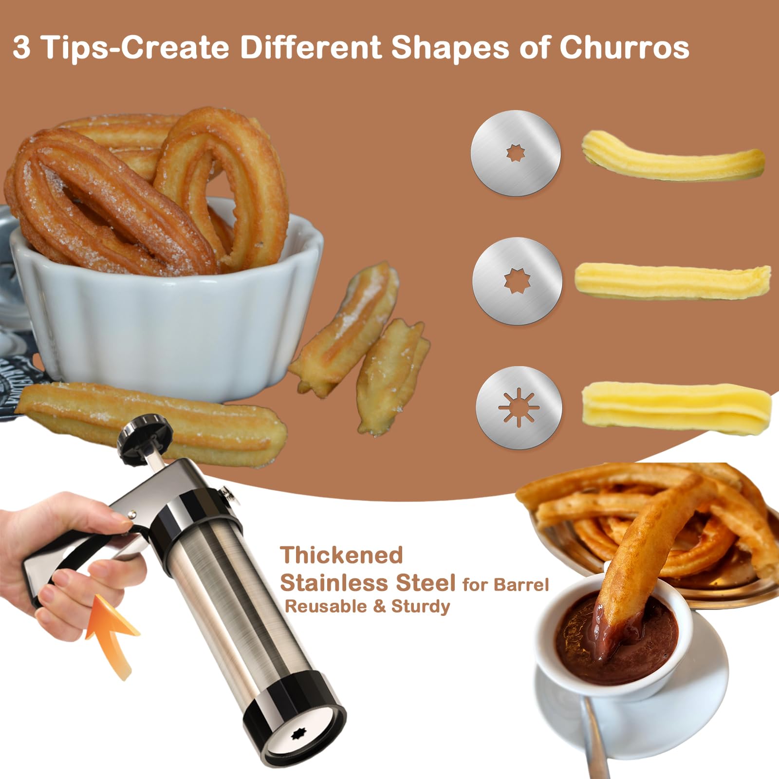 AlgoELF thickened stainless steel body offers durable, leak-free churro making