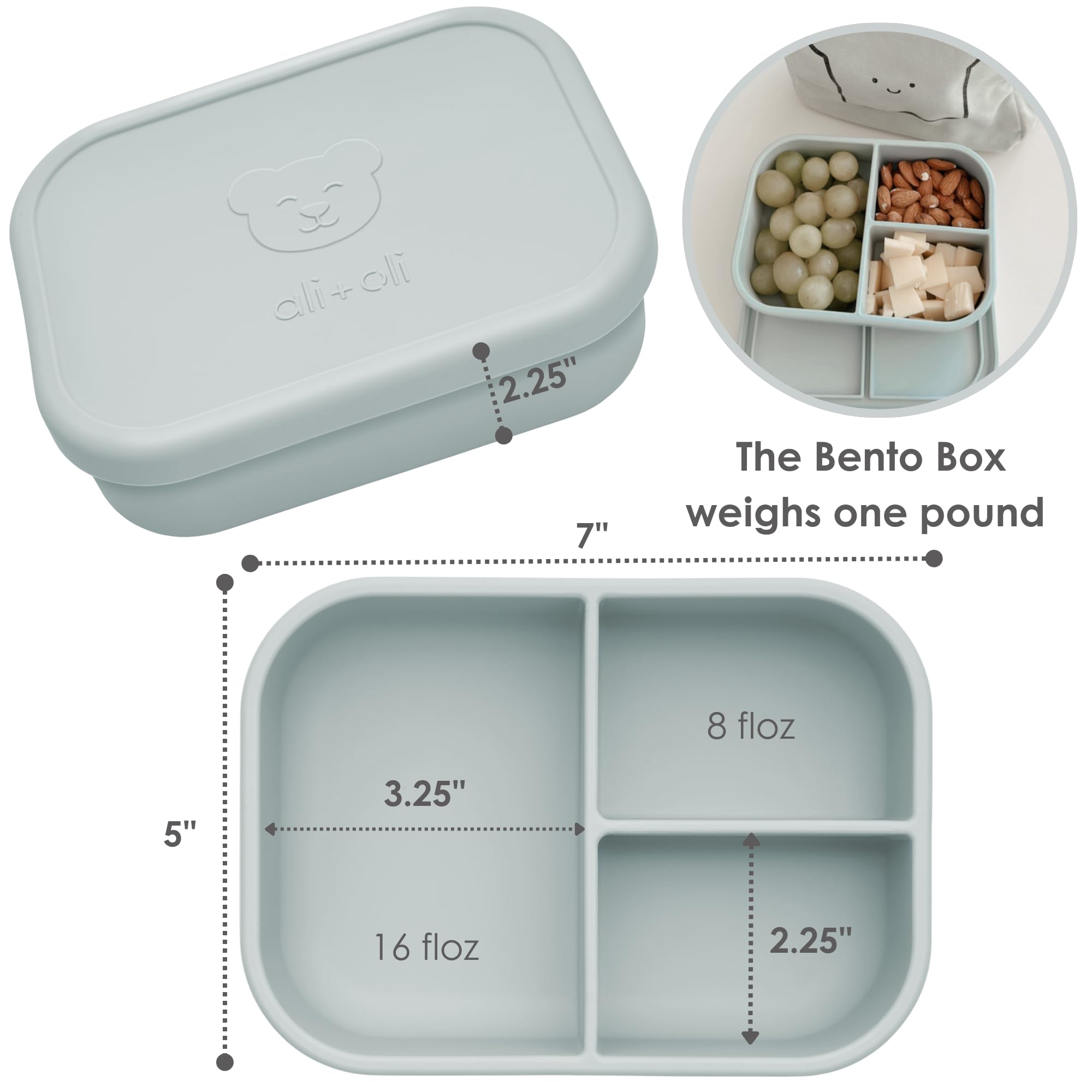 Ali+Oli silicone bento box blue with lid open demonstrates three-compartment design for portioning.