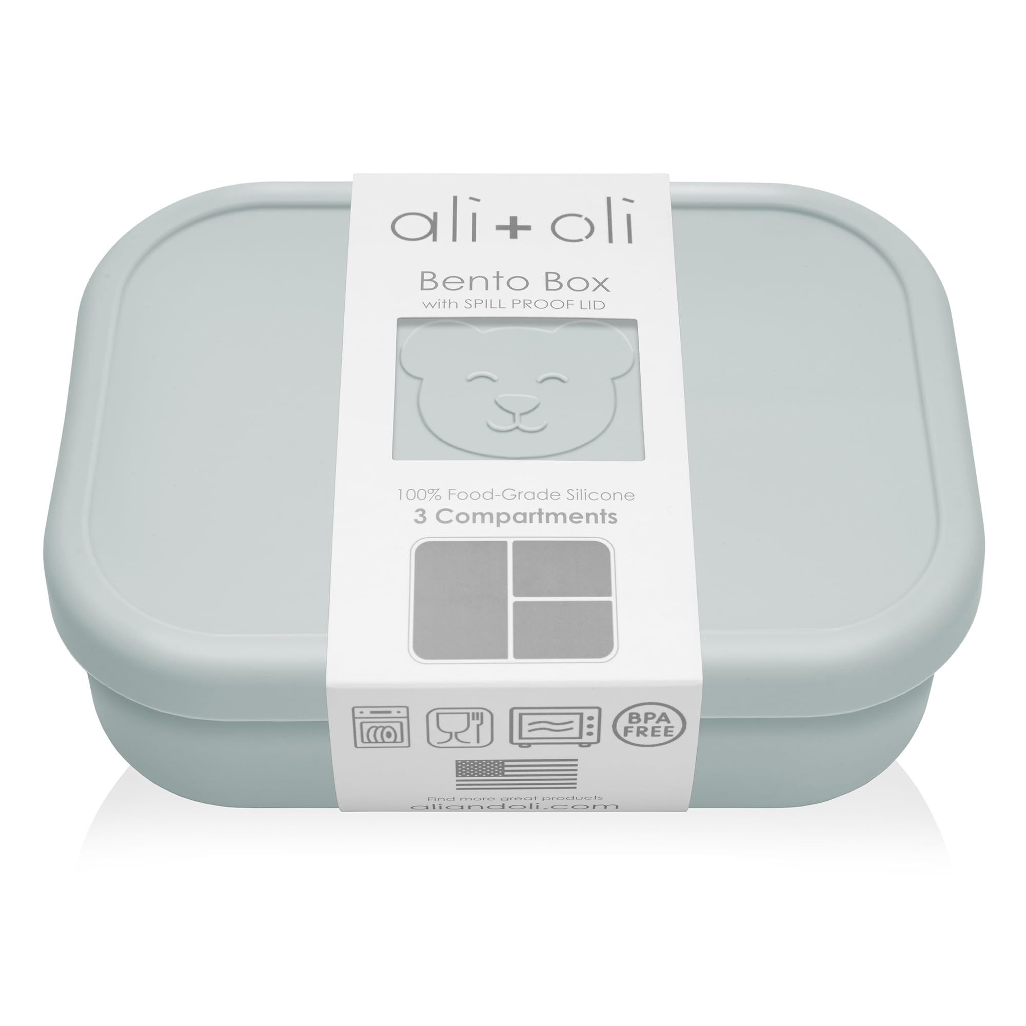 Ali+Oli silicone bento box blue top view, compact lunch solution for school days.