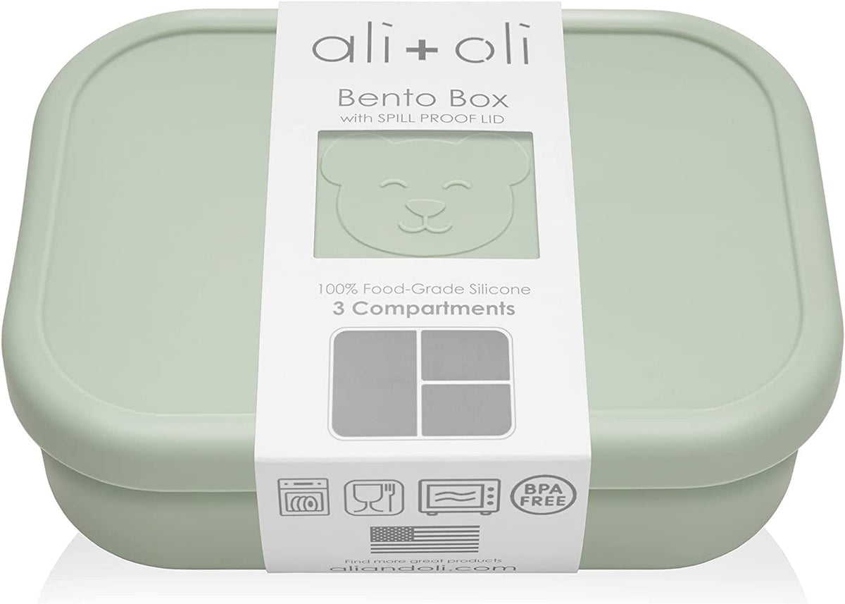 Ali+Oli silicone bento box with open lid for easy access during lunch.