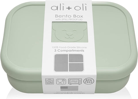 Ali+Oli silicone bento box with open lid for easy access during lunch.