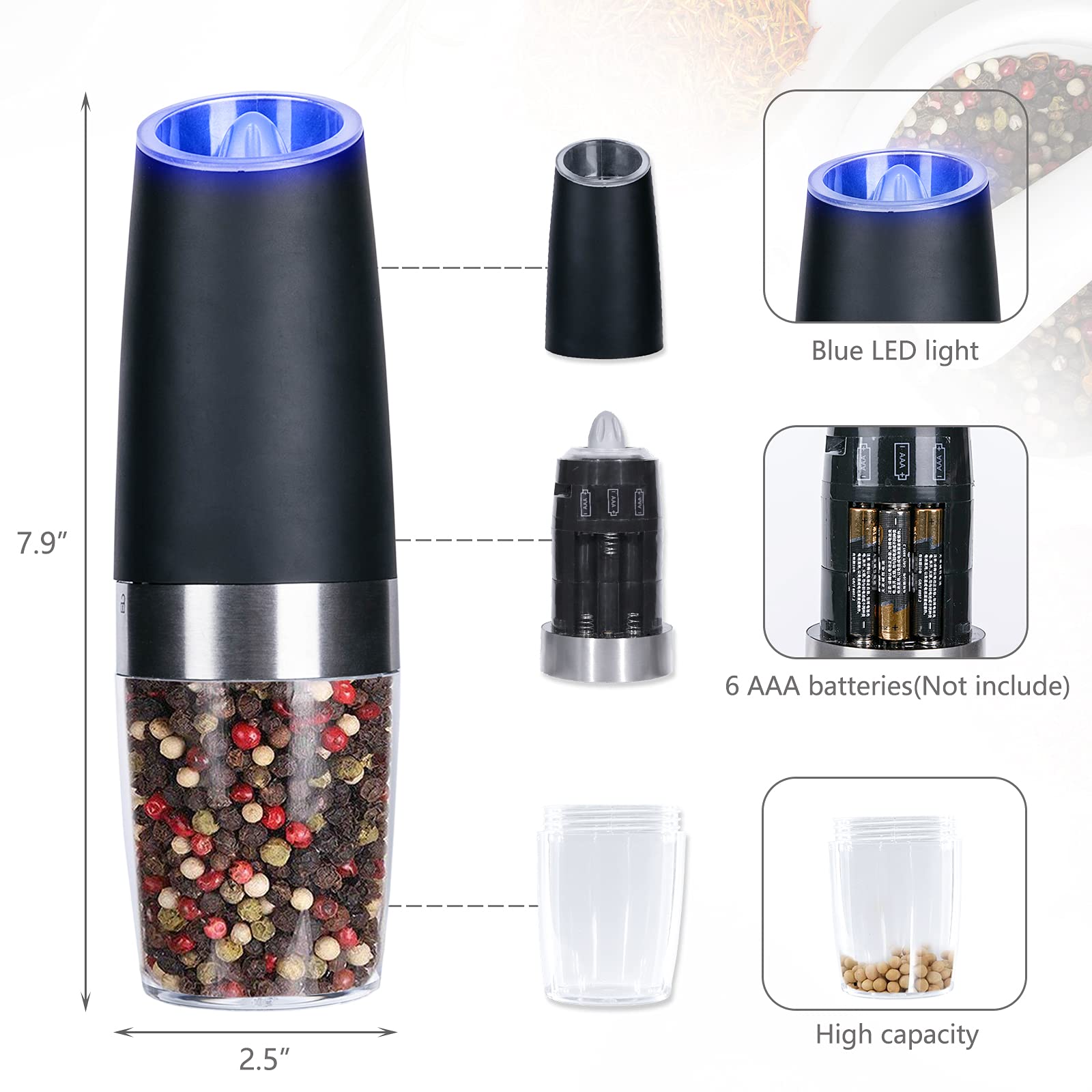 Alicedreamsky gravity electric grinder transparent bottom reveals remaining spices.