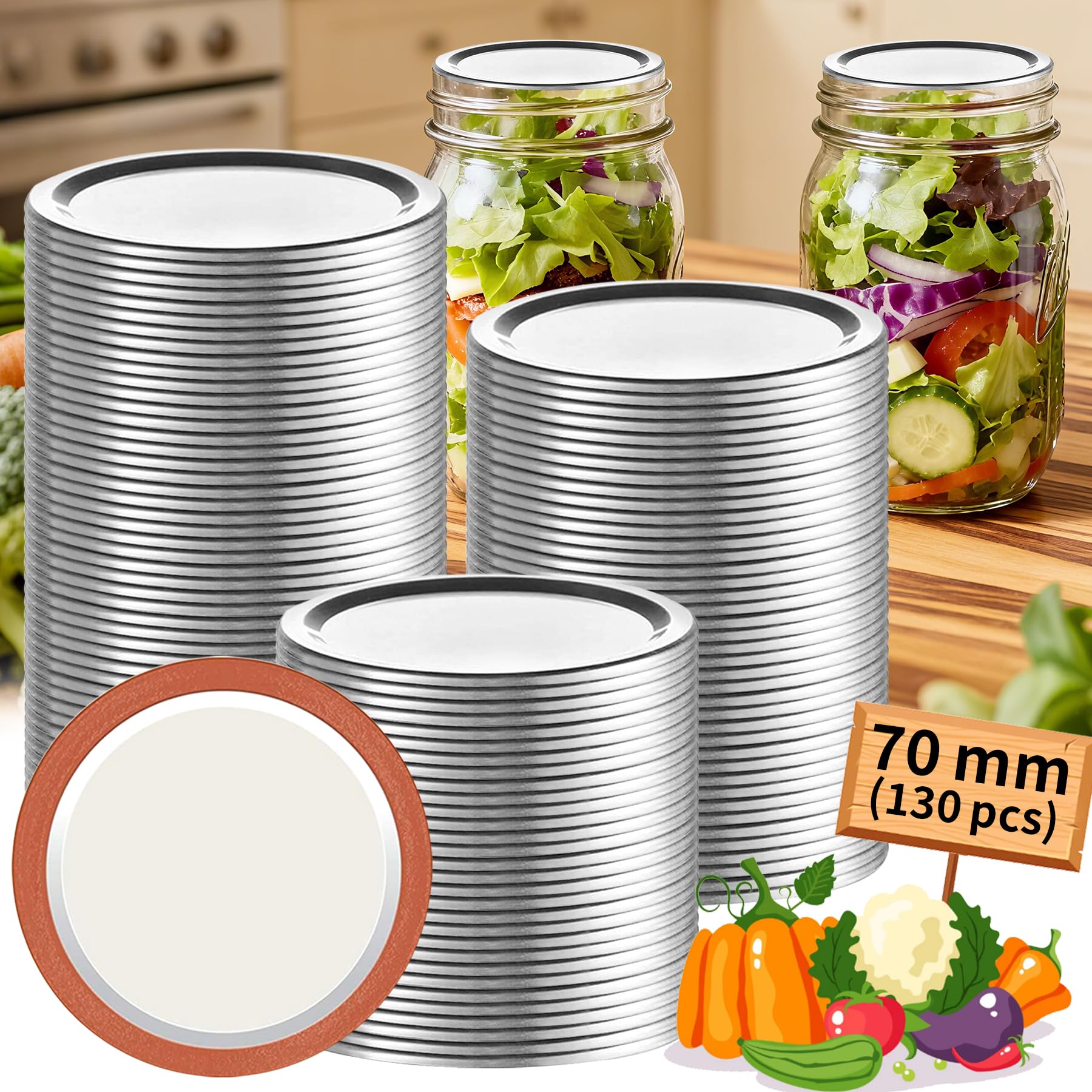 Aliggbent 130-pack regular mouth lids with a tight seal for fresh preserves.