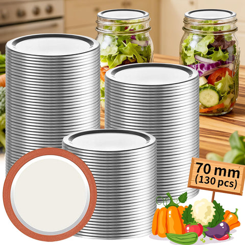 Aliggbent 130-pack regular mouth lids with a tight seal for fresh preserves.