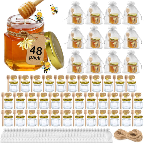 Aliggbent hexagon honey jar with dipper for an elegant wedding favor idea