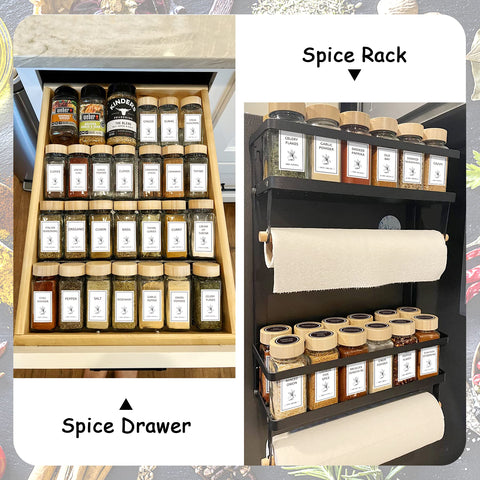 Aliggbent jars neatly organized in a spice drawer or rack for tidy storage.