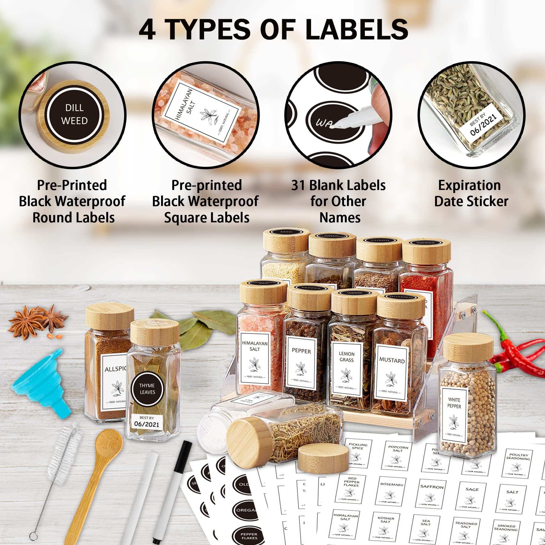 Aliggbent labeled spice jars with funnel ready for easy refilling.