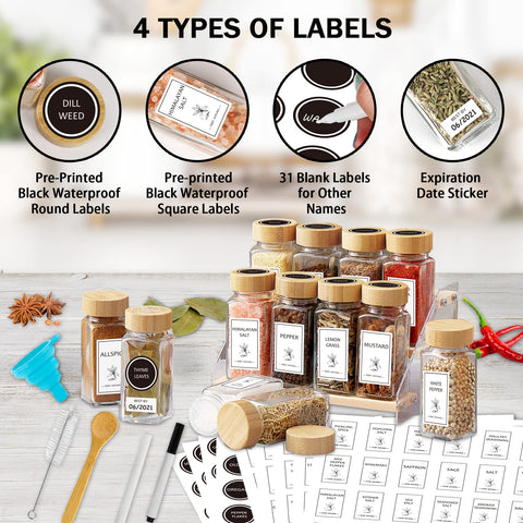 Aliggbent labeled spice jars with funnel ready for easy refilling.