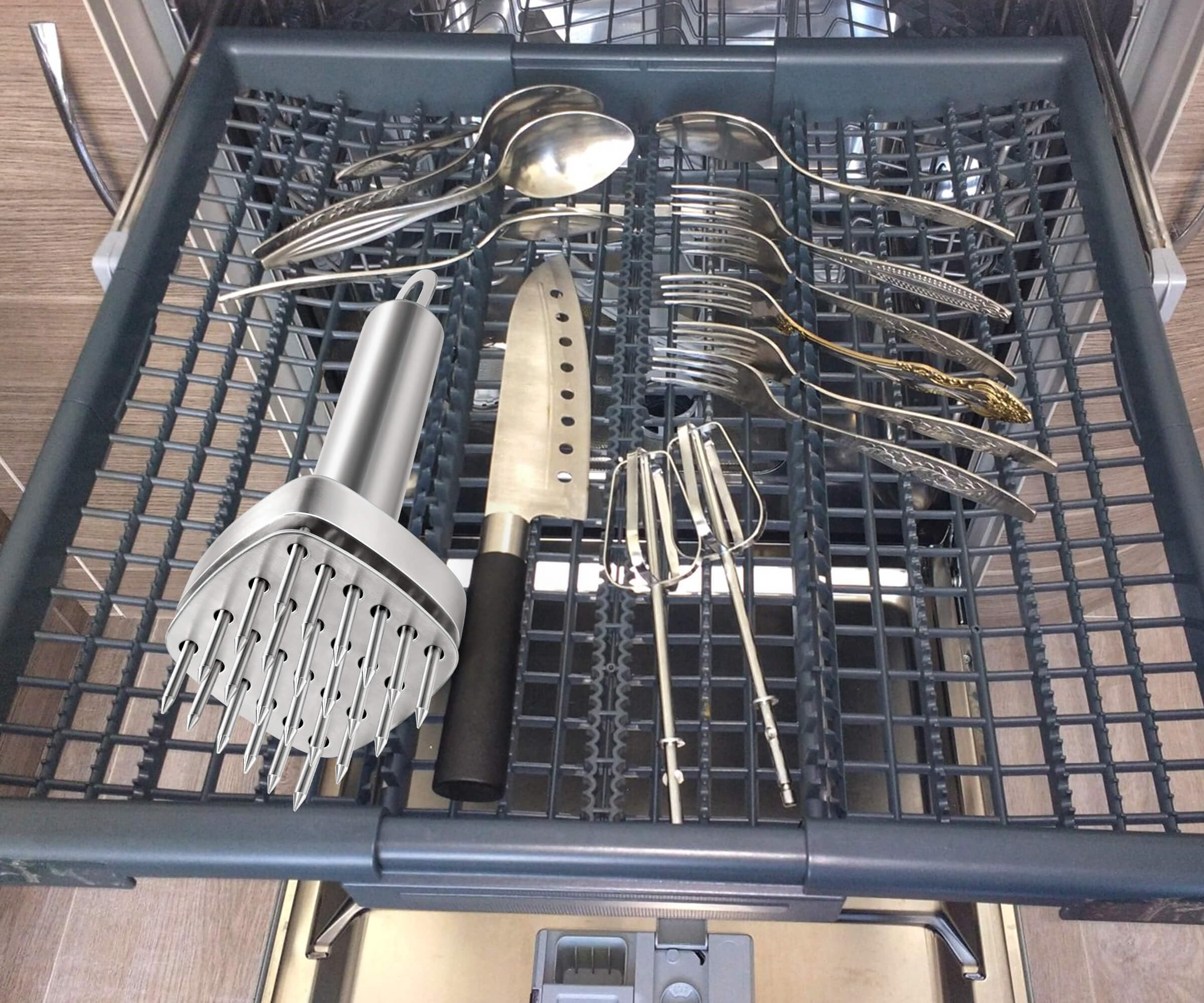 Aliglow dishwasher-safe meat tenderizer ready for cleaning.