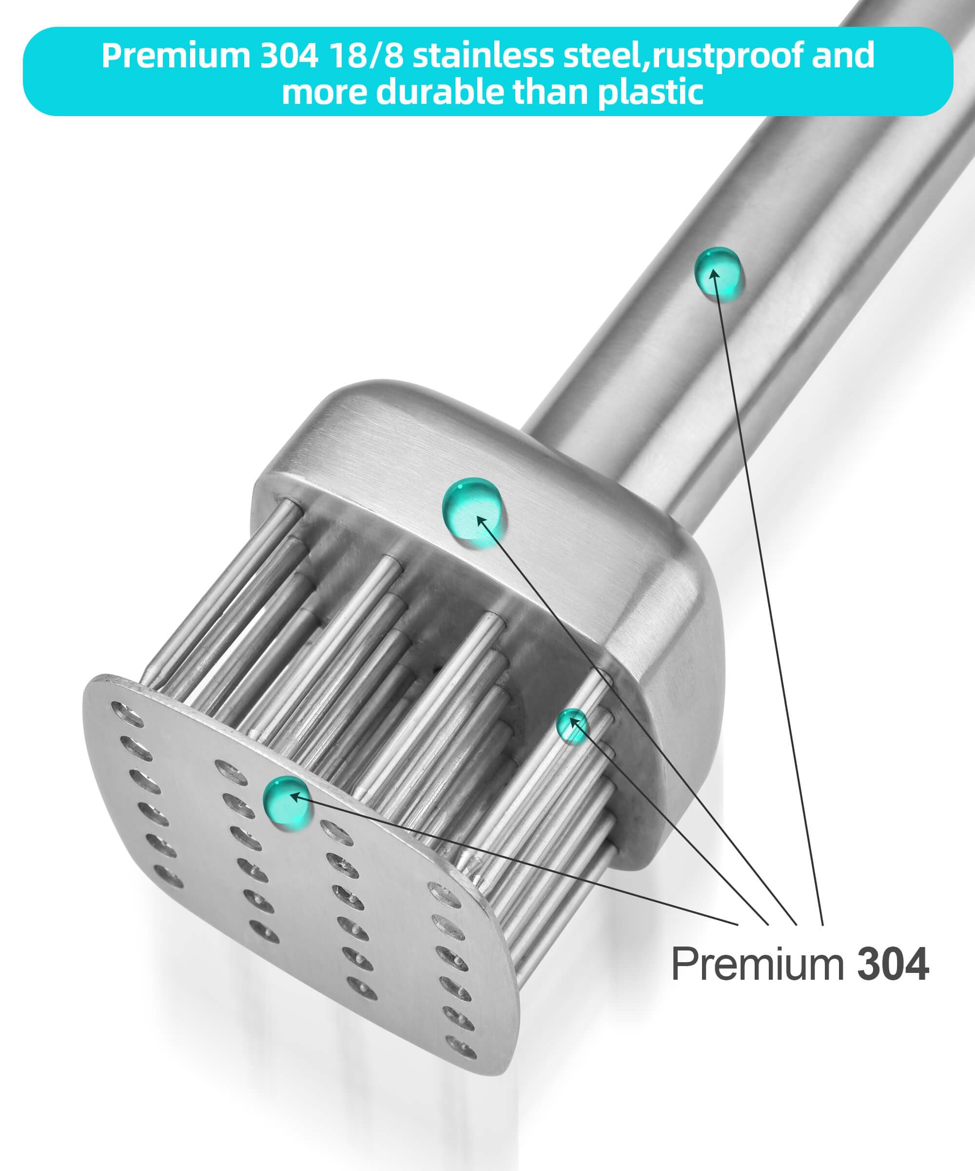 Aliglow spring-action tenderizer in use for tenderizing meat.