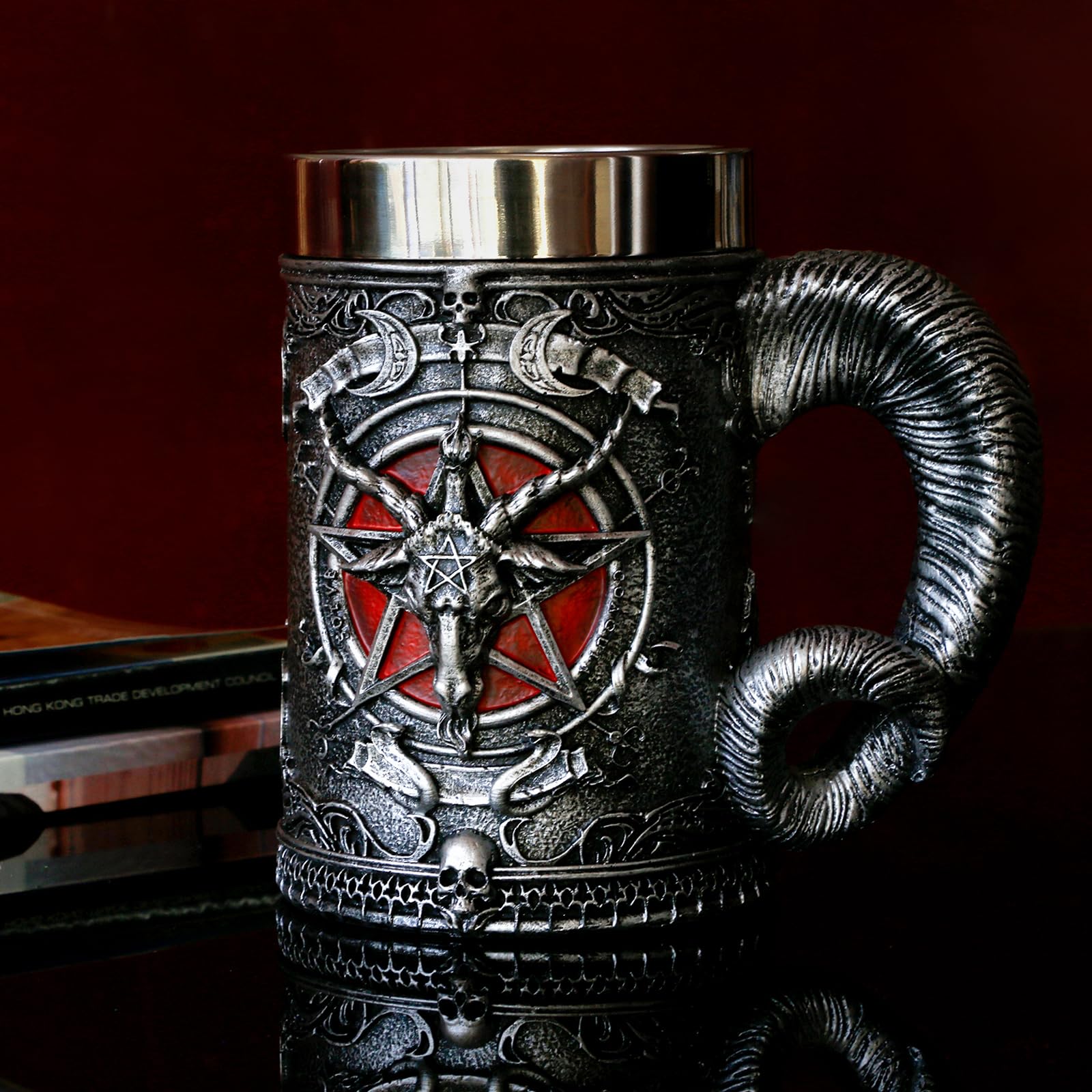 alikiki Medieval Baphomet Head Mug side detail with double-sided 3D head