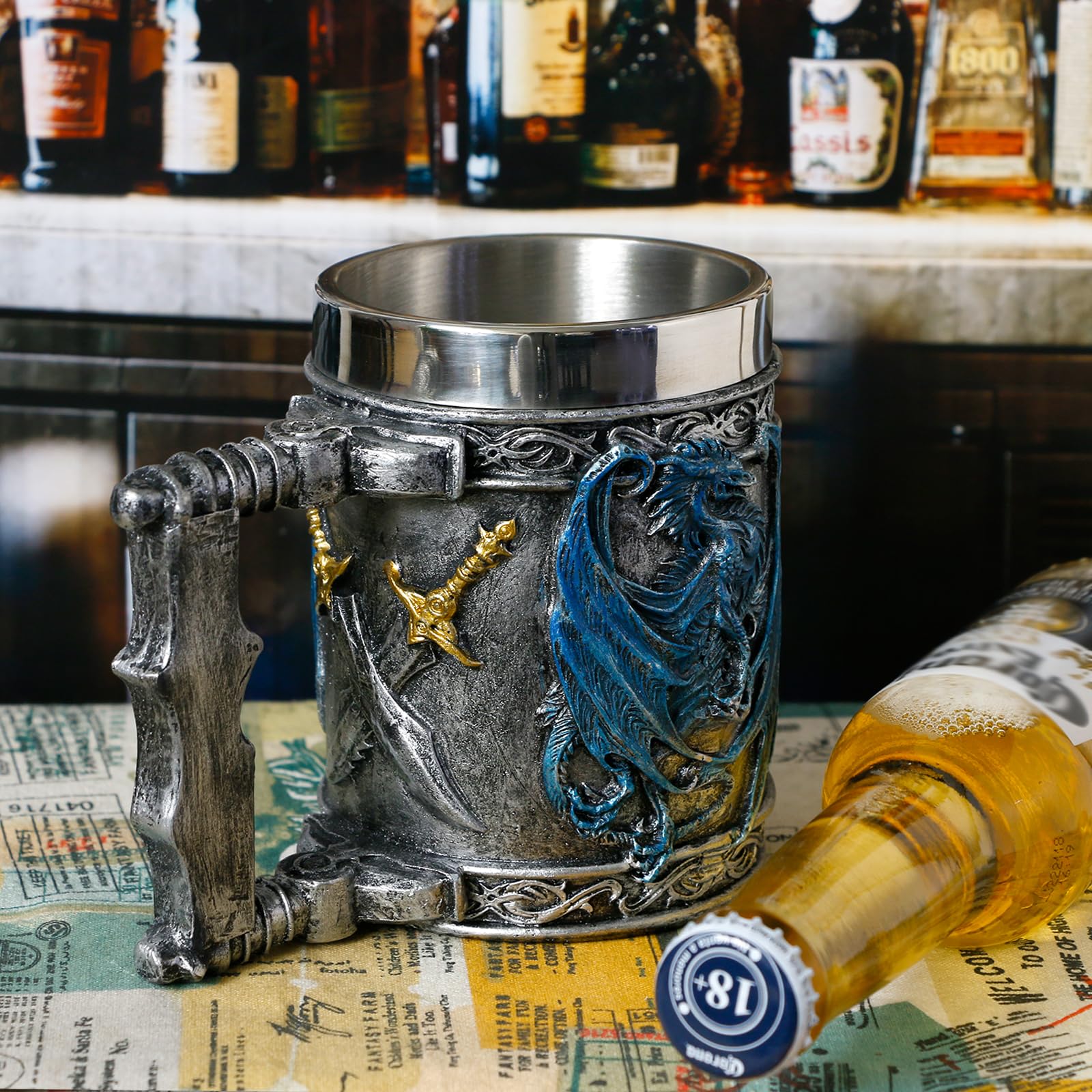 alikiki Medieval Blue Dragon Mug dragon detail with shimmering engravings