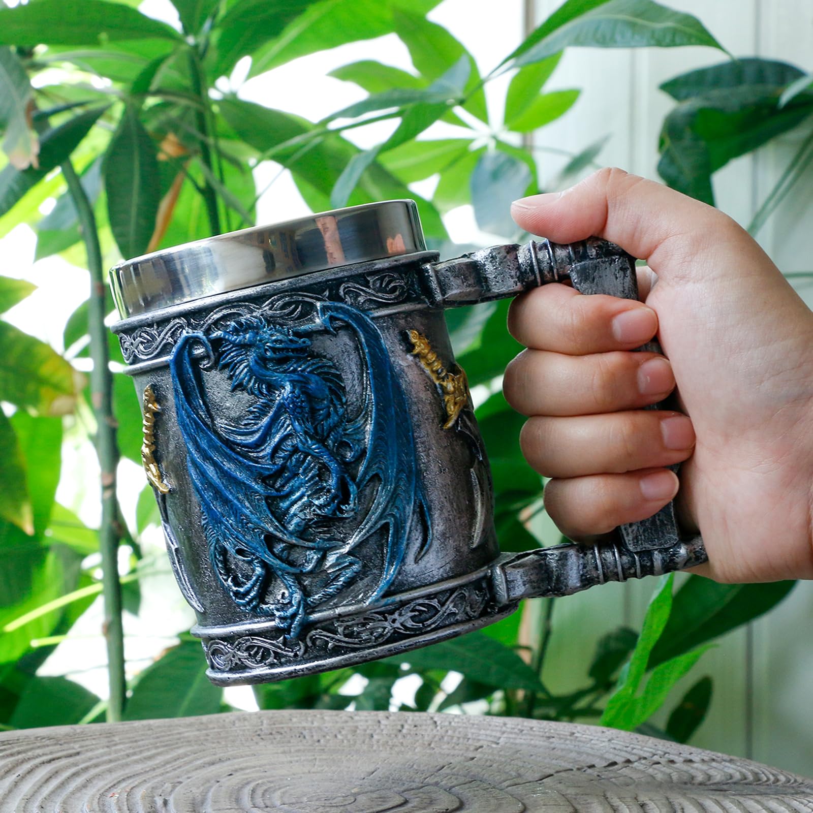 alikiki Medieval Blue Dragon Mug handle close-up for comfortable grip