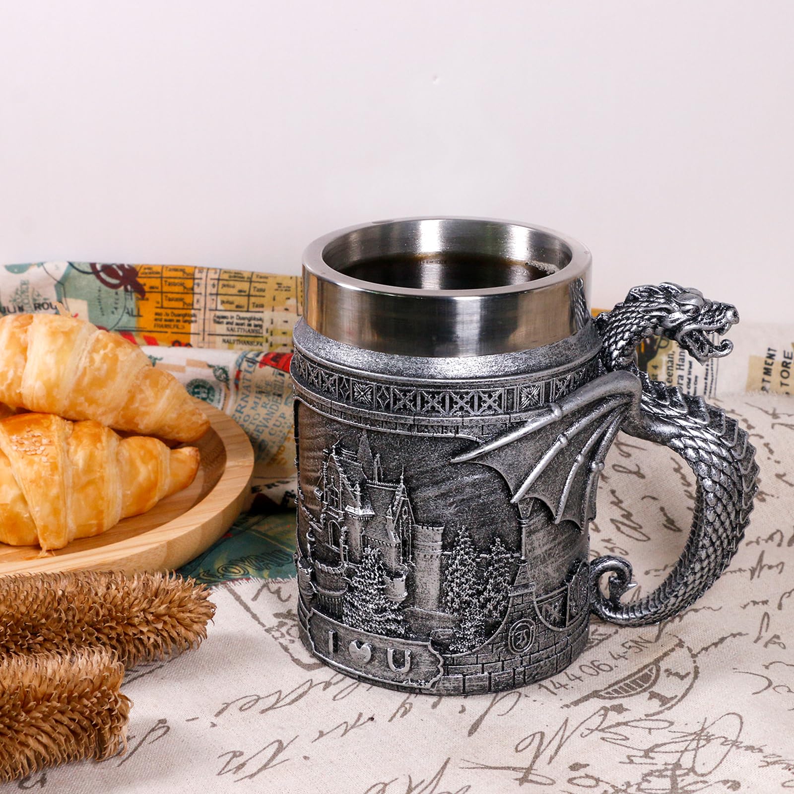 Alikiki Medieval Castle Dragon Mug double-sided design featuring castle and dragon for themed parties.