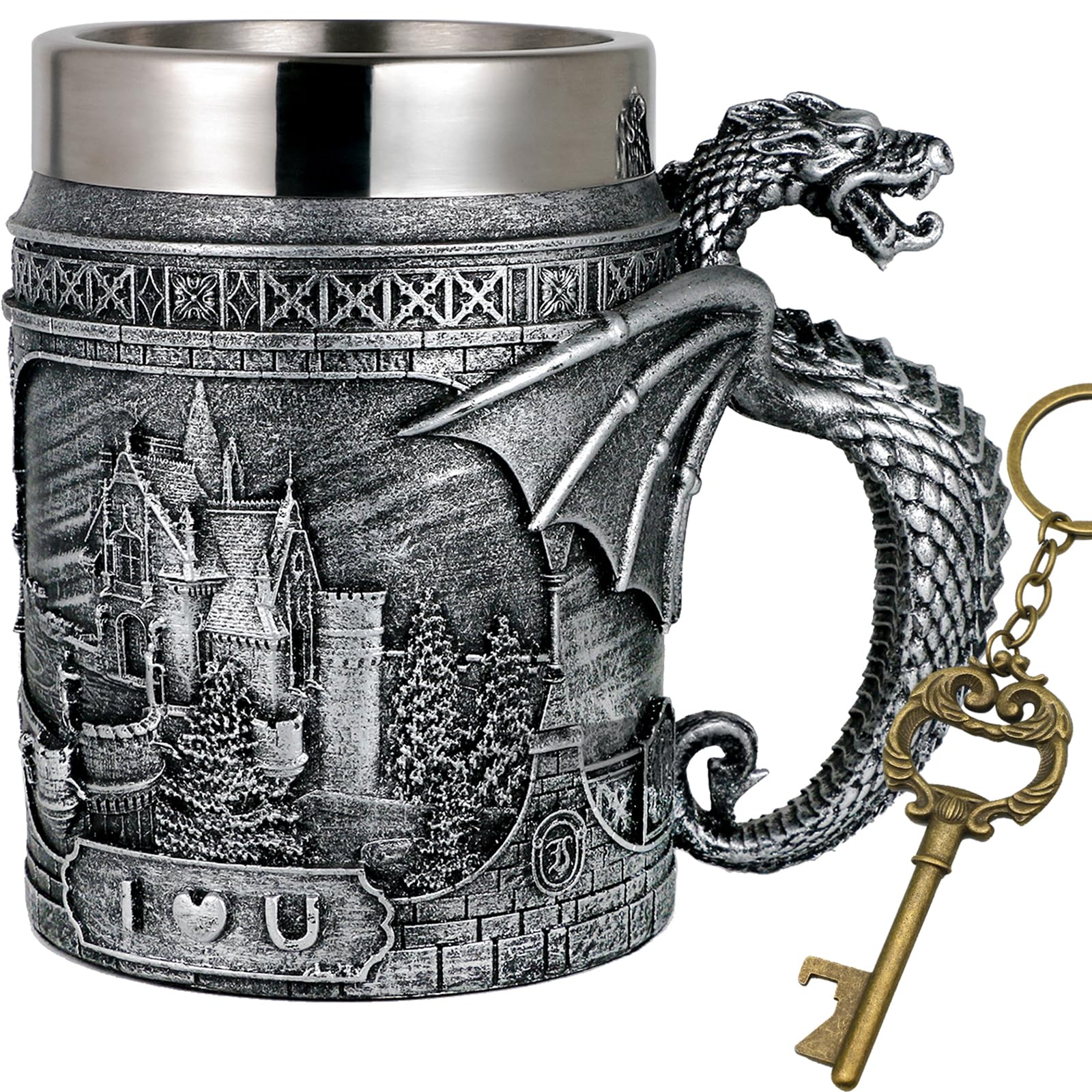 Alikiki Medieval Castle Dragon Mug front view with dragon guard, ideal as game-night centerpiece.