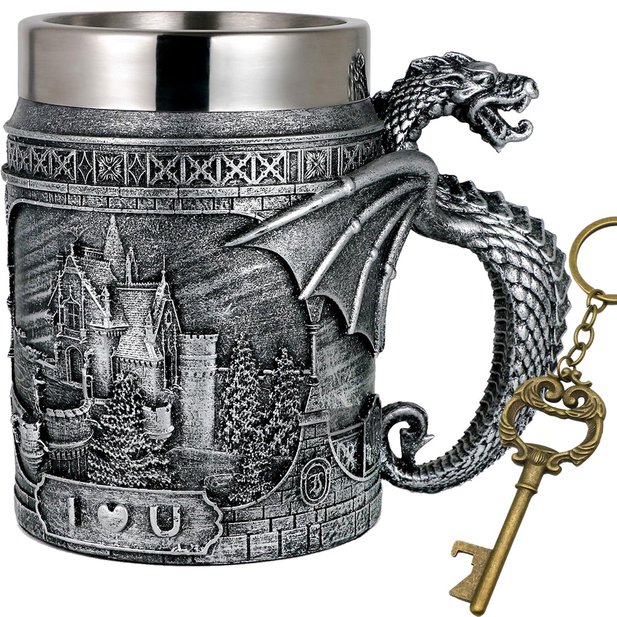 Alikiki Medieval Castle Dragon Mug front view with dragon guard, ideal as game-night centerpiece.