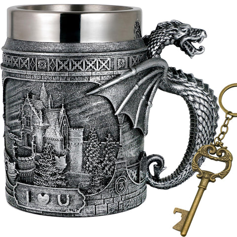 Alikiki Medieval Castle Dragon Mug front view with dragon guard, ideal as game-night centerpiece.