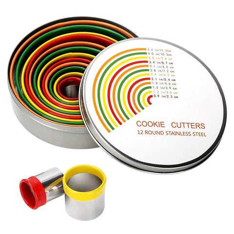 Alimat PluS Round Cookie Cutter Set with 12 sizes and color coating for quick size identification
