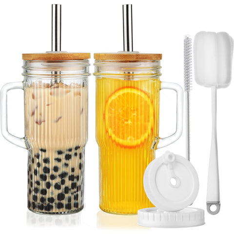 ALINK 24oz ribbed glass cups with bamboo lids and straws promote everyday hydration